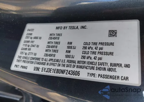 2022 Tesla Model 3 Long Range Dual Motor All-Wheel Drive from USA, damaged, VIN 5YJ3E1EB0NF243606